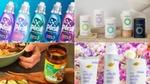 Un collage the cuatro paneles mostrando diferentes productos de Unilever. Cinco coloridas botellas de detergentes Persil Wonder Wash, un container minimalista de suplementos Nutrafol en un background beige; una cucharada de comida junto a un pote de Knorr especias; y productos Dove Whole Body Deo dispuestos entre flores blancas y rozadas.