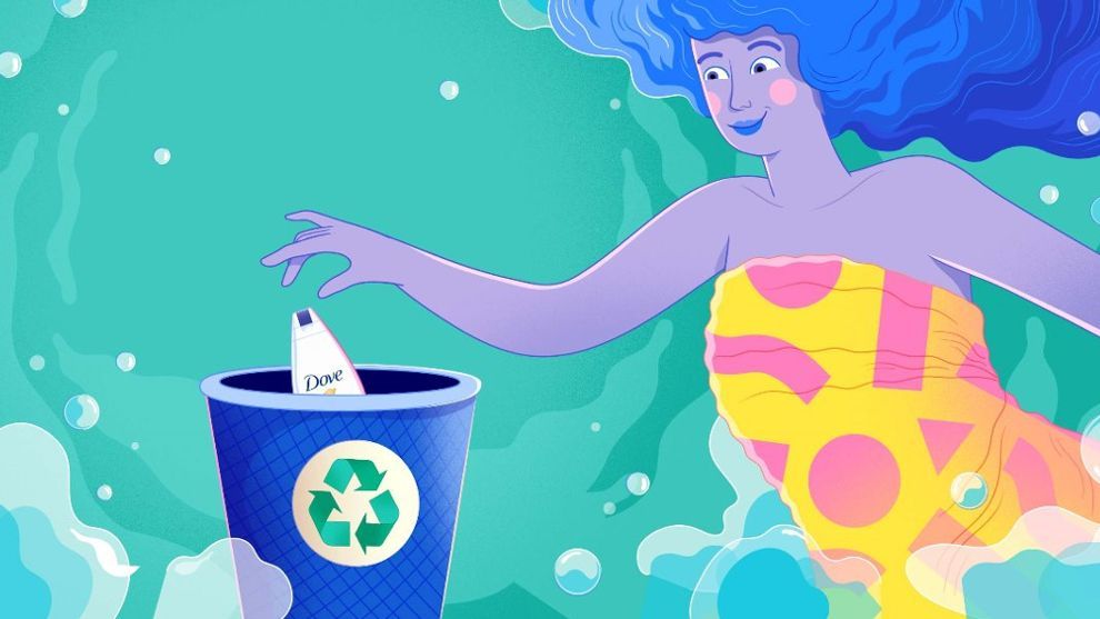 Ilustración de una mujer reciclando una botella de Dove.